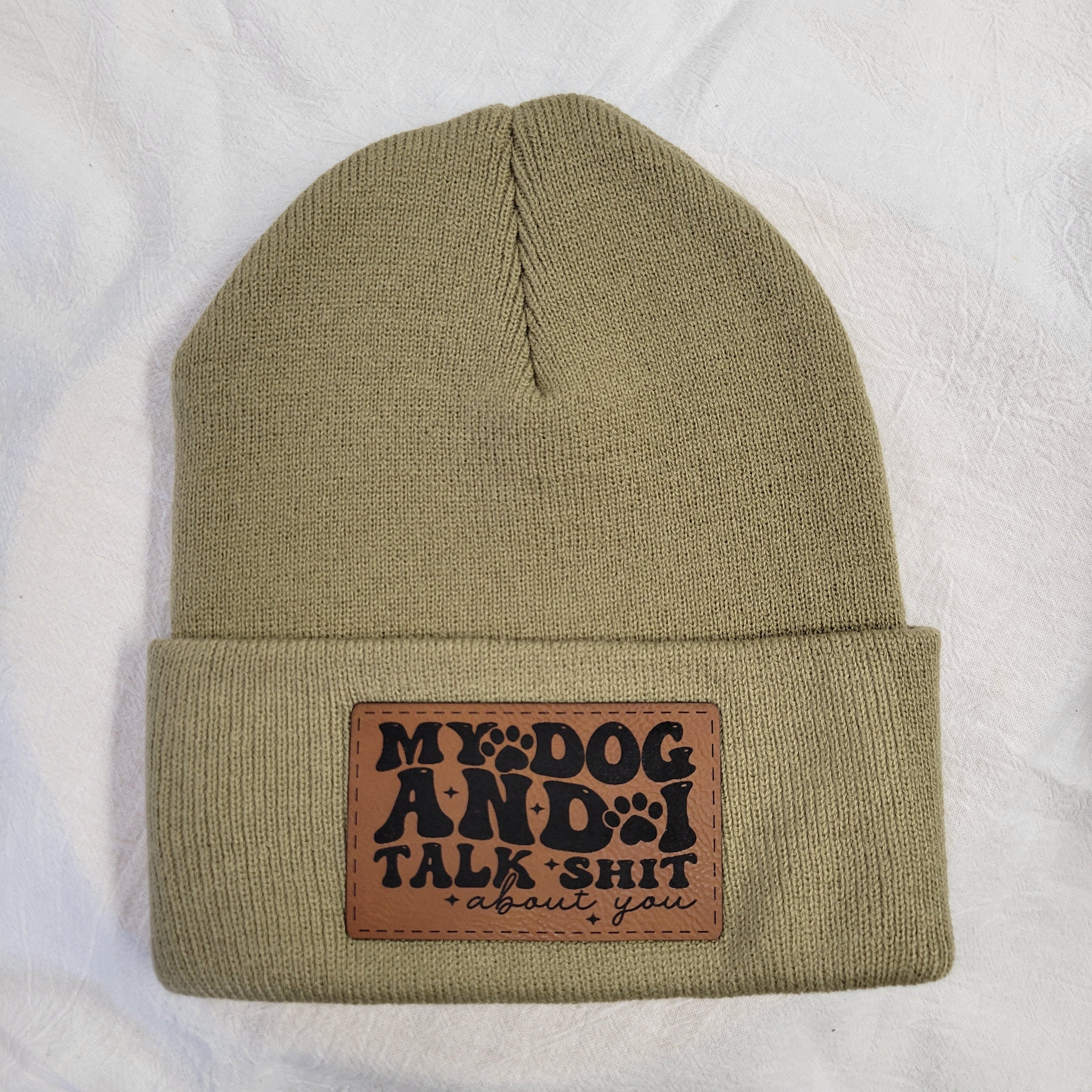 Beanies with pet quote patches